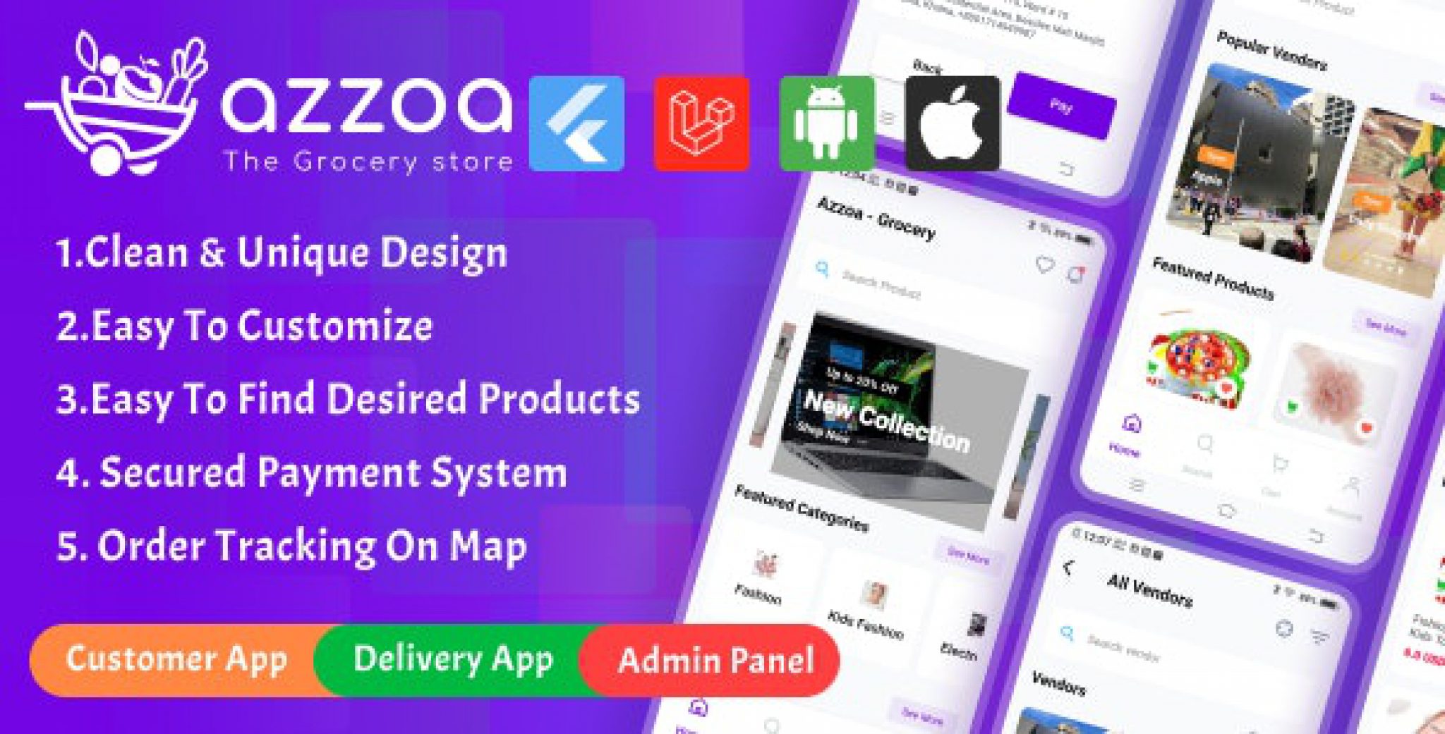 Azzoa – Grocery, MultiShop, eCommerce Flutter Mobile App with Admin